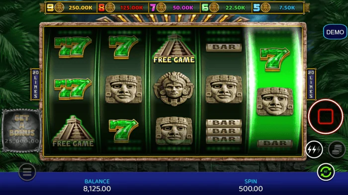 Mayan Madness - herní obrazovka s válci a liniemi